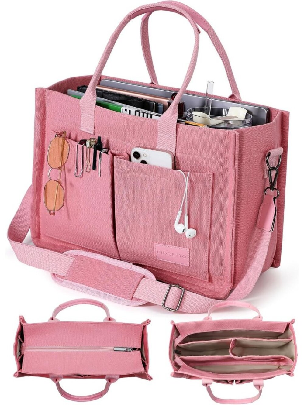 FIORETTO Canvas Women's Pink Tote Bag Zipper Closure & Compartments Pockets Bag
